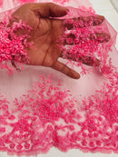 Beaded Flower Cluster Fabric - Candy Pink - Beaded Floral Gaviota Design Embroidered On Mesh Sold By Yard
