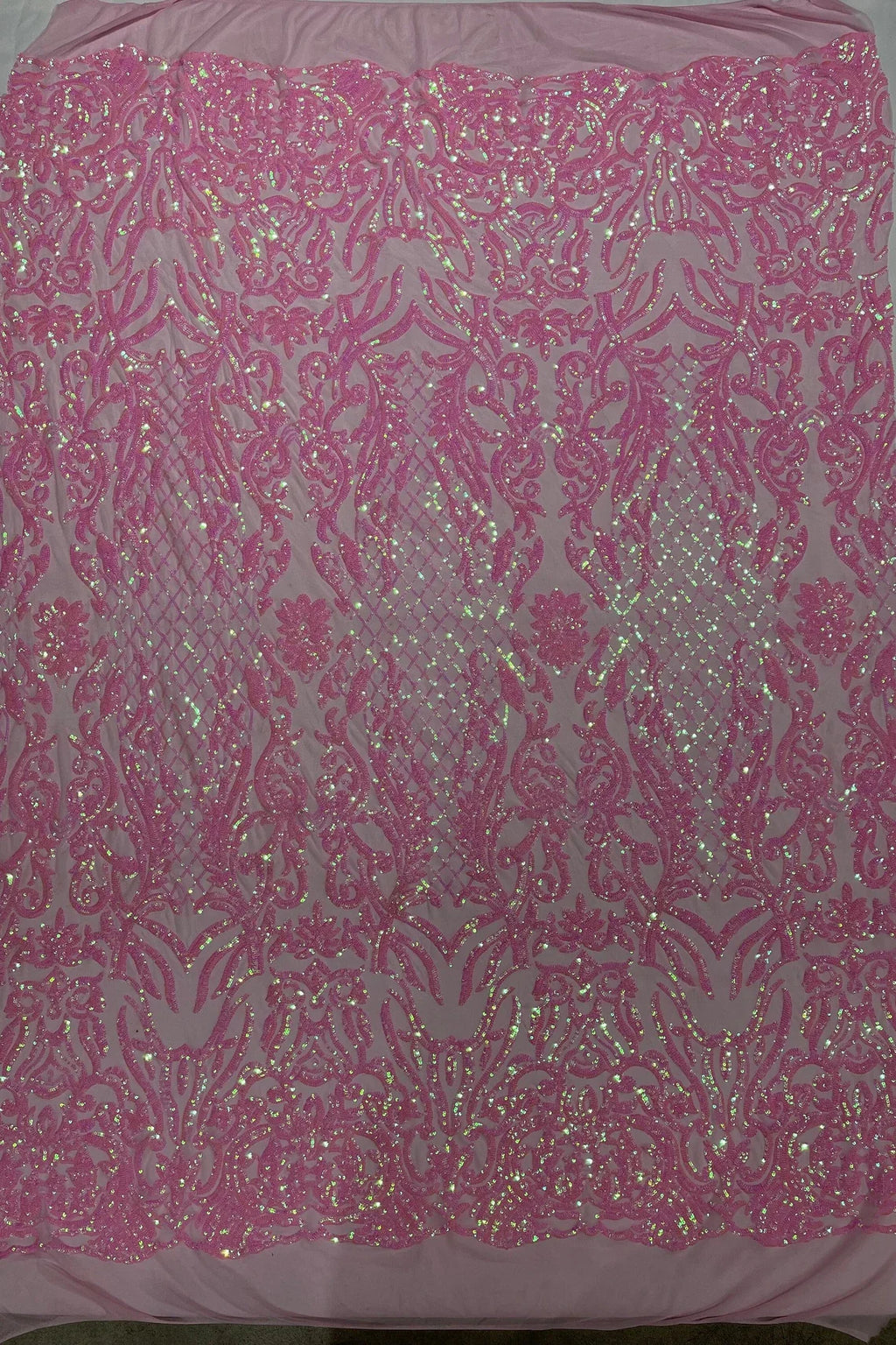 4 Way Stretch Fabric - Candy Pink - Sequins Design on Spandex Mesh Fashion Fabric