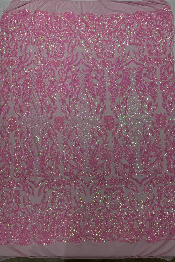 4 Way Stretch Fabric - Candy Pink - Sequins Design on Spandex Mesh Fashion Fabric