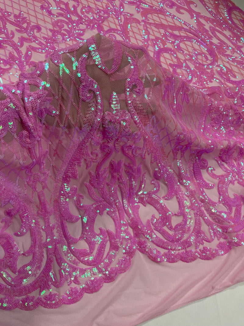 Heart Damask Sequins - Candy Pink - 4 Way Stretch Sequins Fabric By Yard