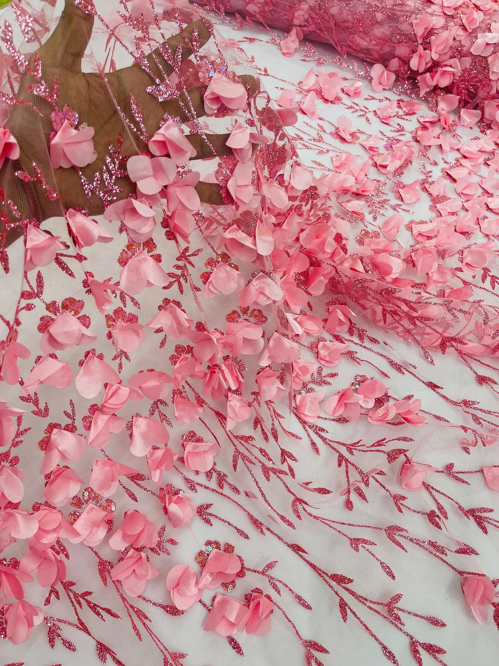 3D Flower Glitter Fabric - Candy Pink - Flower Design on Glitter Mesh Fabric Sold By Yard