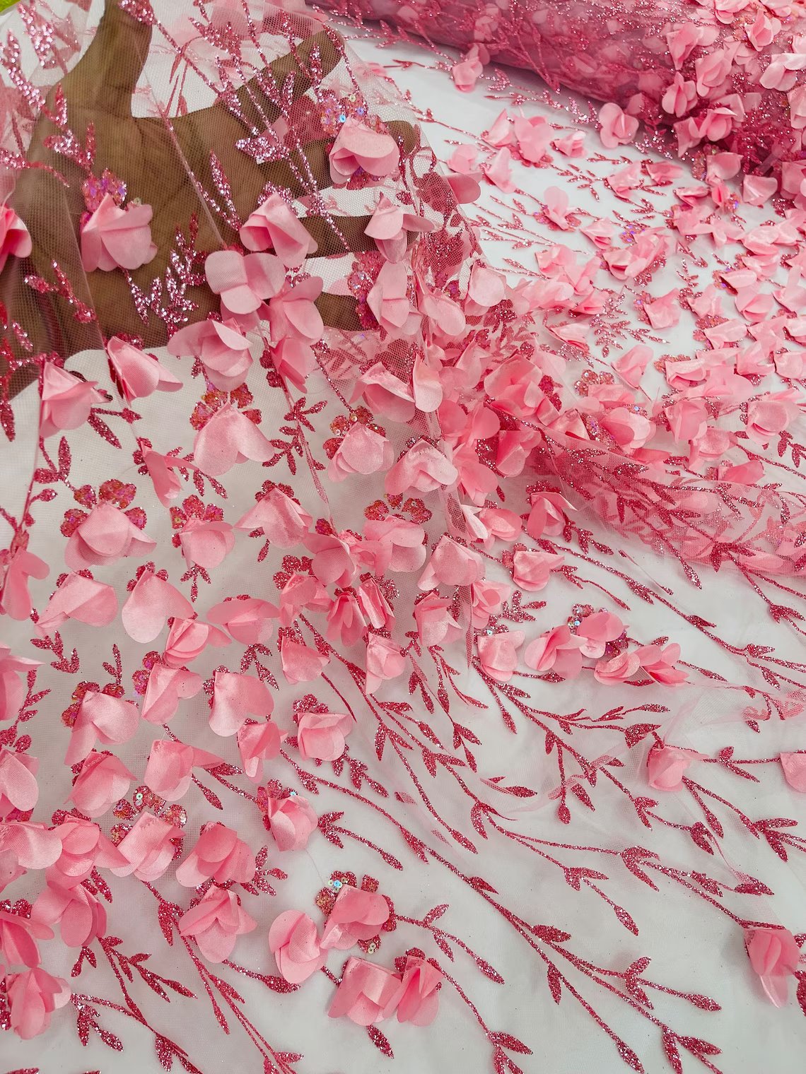 3D Flower Glitter Fabric - Candy Pink - Flower Design on Glitter Mesh Fabric Sold By Yard