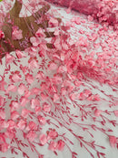 3D Flower Glitter Fabric - Candy Pink - Flower Design on Glitter Mesh Fabric Sold By Yard