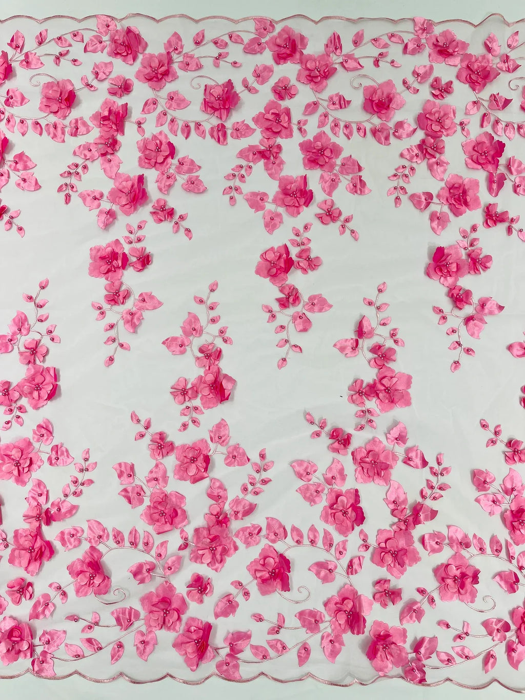 3D Floral Pearl Fabric - Candy Pink - Embroidered Floral Pearl Fabric Double Border On Mesh By Yard