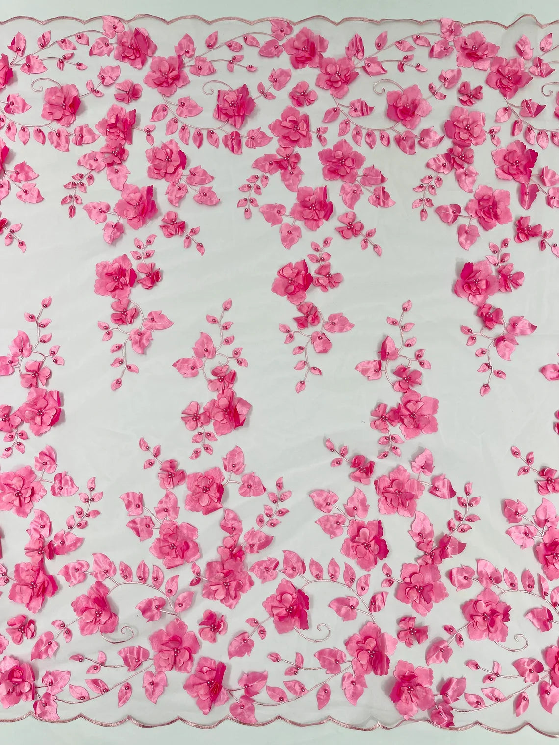 3D Floral Pearl Fabric - Candy Pink - Embroidered Floral Pearl Fabric Double Border On Mesh By Yard