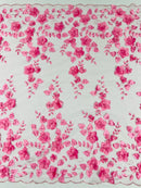 3D Floral Pearl Fabric - Candy Pink - Embroidered Floral Pearl Fabric Double Border On Mesh By Yard