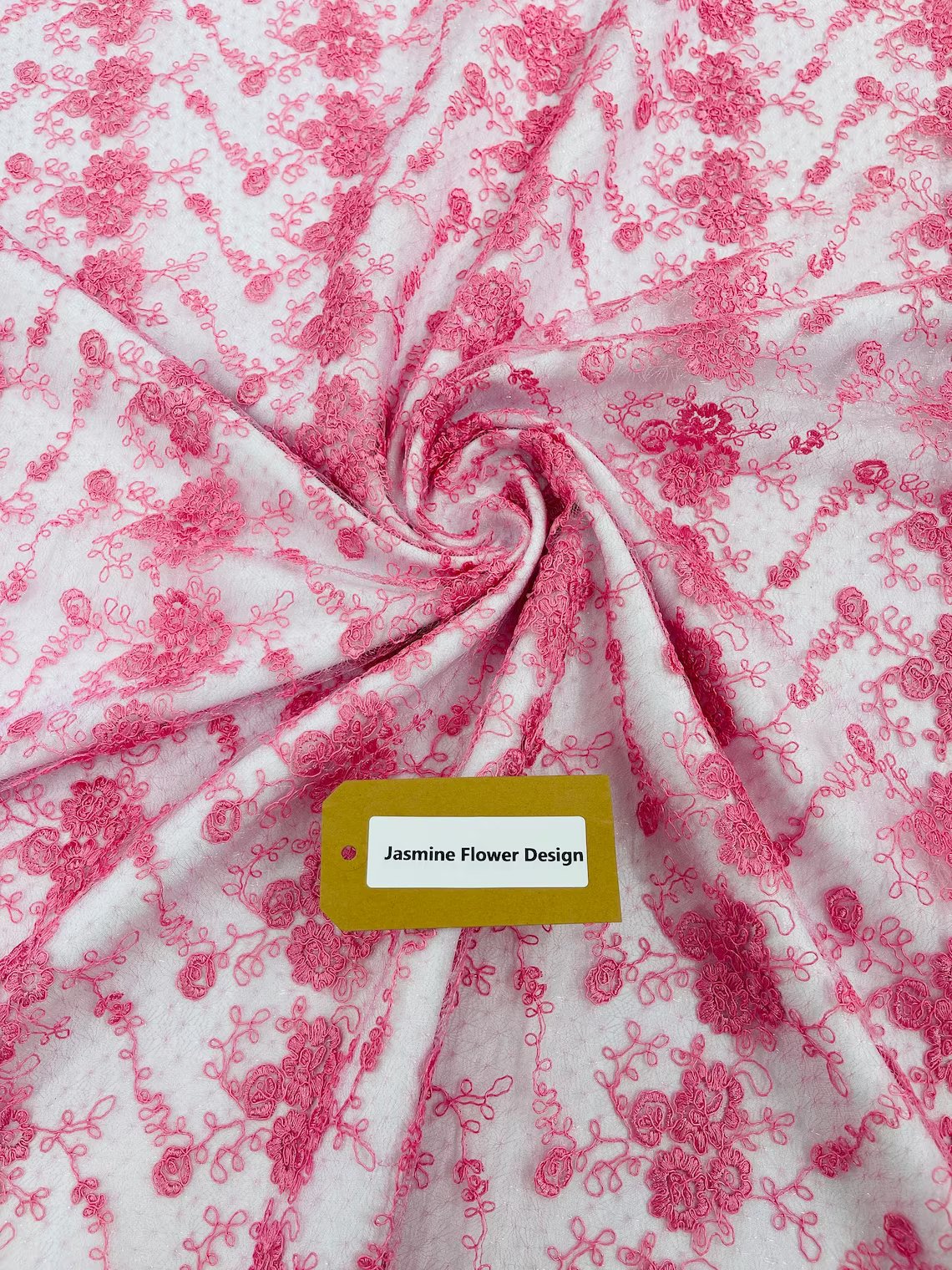 Embroidered Flower Fabric - Candy Pink - Floral Design Scalloped Border Fabric By Yard