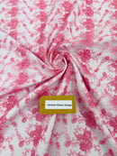 Embroidered Flower Fabric - Candy Pink - Floral Design Scalloped Border Fabric By Yard