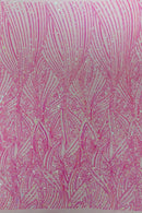 Curvy Line Design Fabric - Candy Pink - 4 Way Stretch Sequins Design Mesh Lace Fabric by Yard