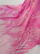 Wavy Leaf Sequins Fabric - Candy Pink - Wavy Lines and Leaves Design on Lace Mesh Fabric by Yard