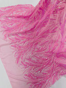 Leaf Design Stretch Sequins - Candy Pink - 4 Way Stretch Lace Mesh Sequins Fabric by Yard