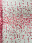 3D Flower Glitter Fabric - Candy Pink - Flower Design on Glitter Mesh Fabric Sold By Yard