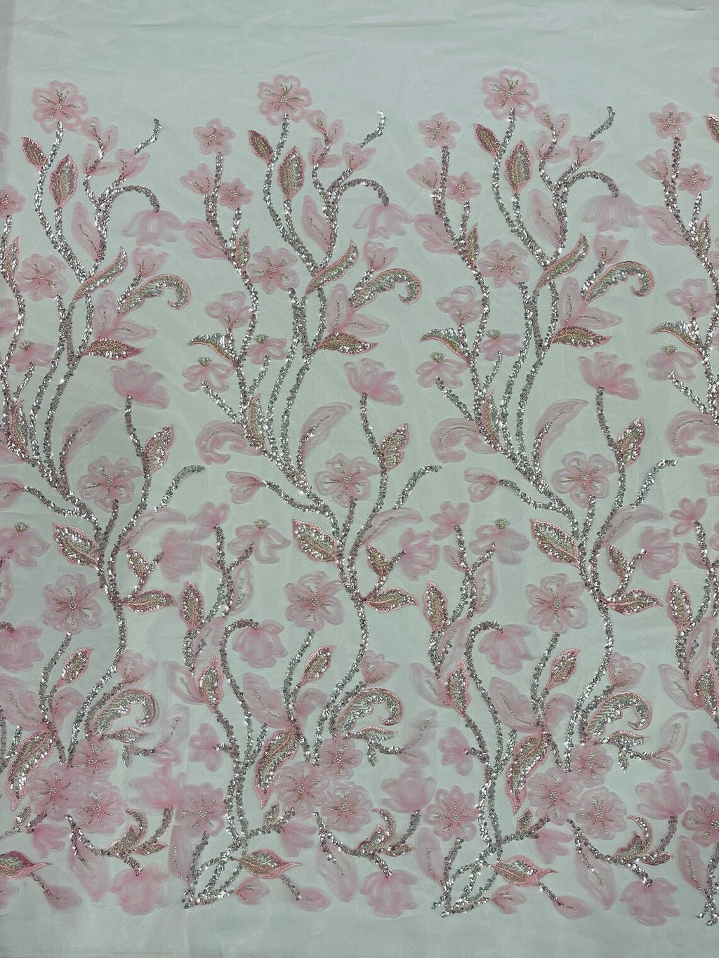 3D Tulle Flower Bead Fabric - Candy Pink - Mesh Flower Plant Design with Beads By Yard