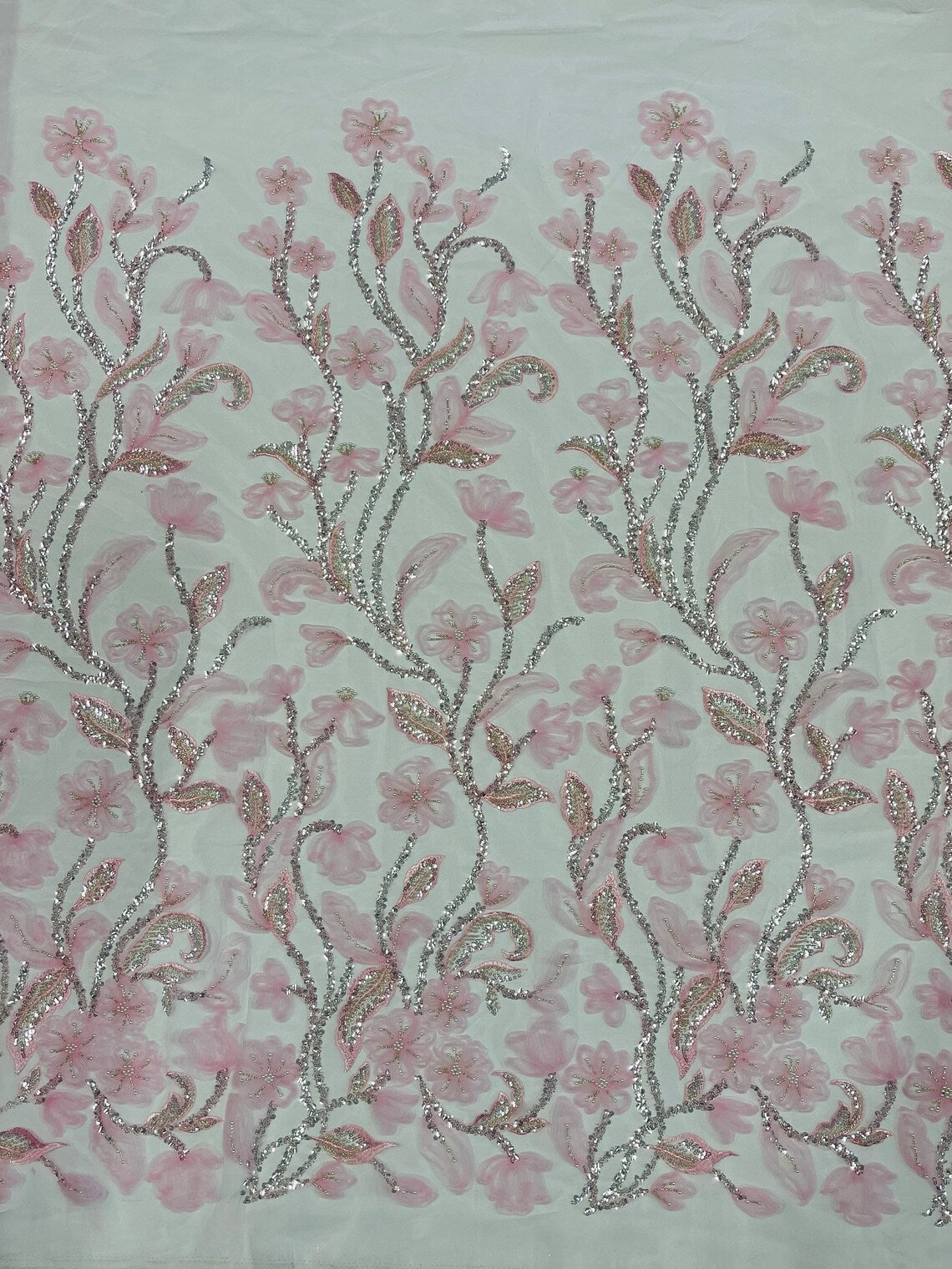 3D Tulle Flower Bead Fabric - Candy Pink - Mesh Flower Plant Design with Beads By Yard