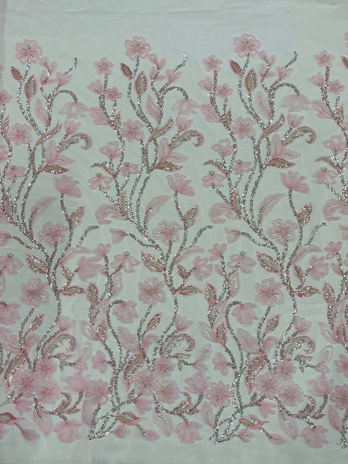 3D Tulle Flower Bead Fabric - Candy Pink - Mesh Flower Plant Design with Beads By Yard