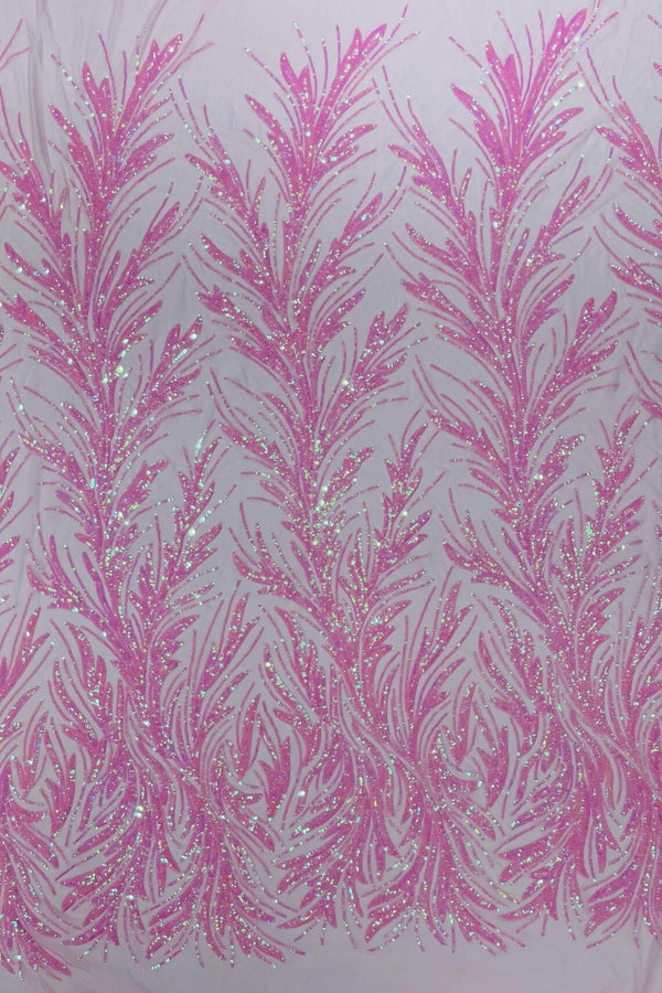 Leaf Design Stretch Sequins - Candy Pink - 4 Way Stretch Lace Mesh Sequins Fabric by Yard