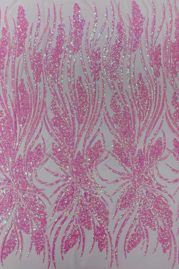 Wavy Leaf Sequins Fabric - Candy Pink - Wavy Lines and Leaves Design on Lace Mesh Fabric by Yard