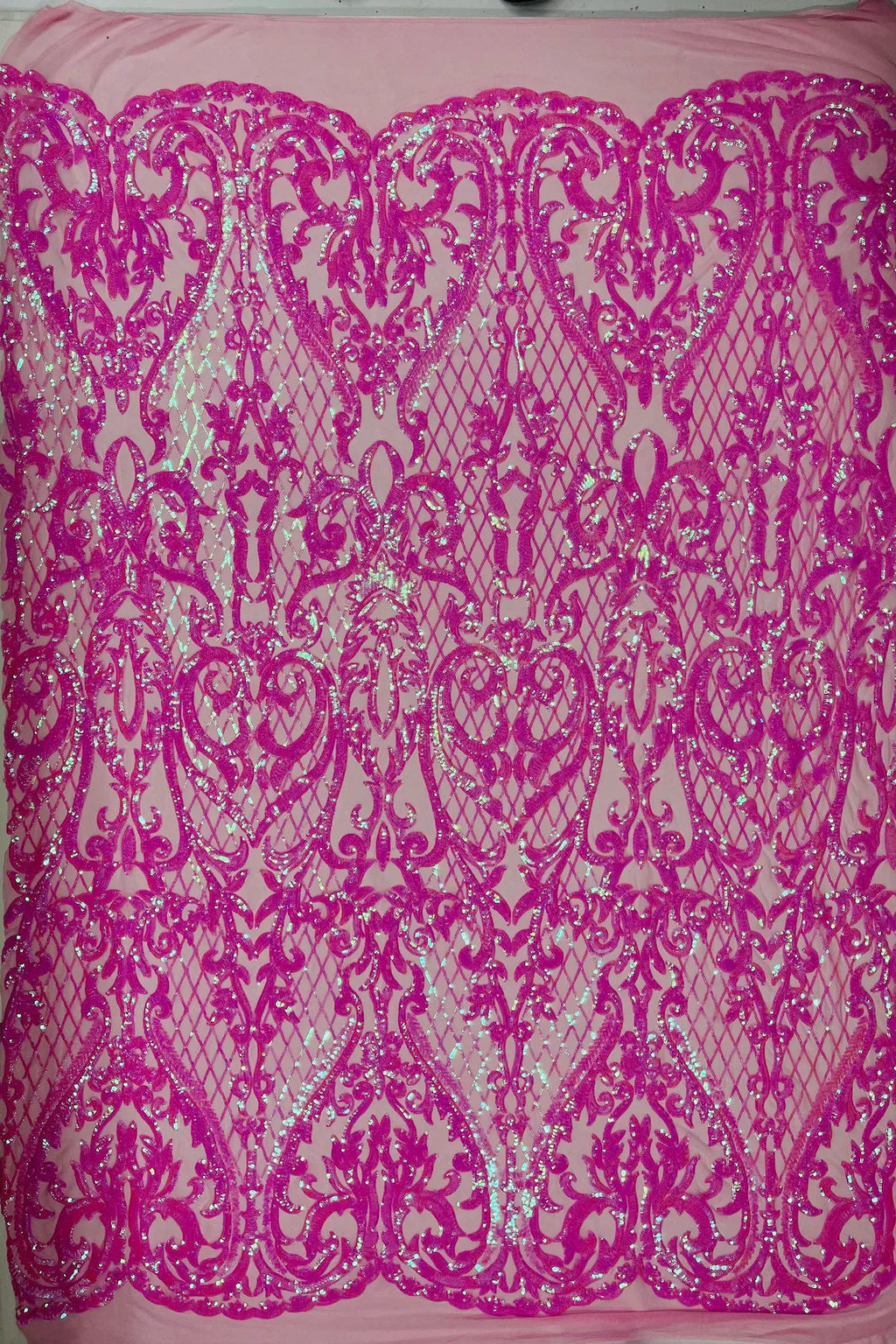 Heart Damask Sequins - Candy Pink - 4 Way Stretch Sequins Fabric By Yard