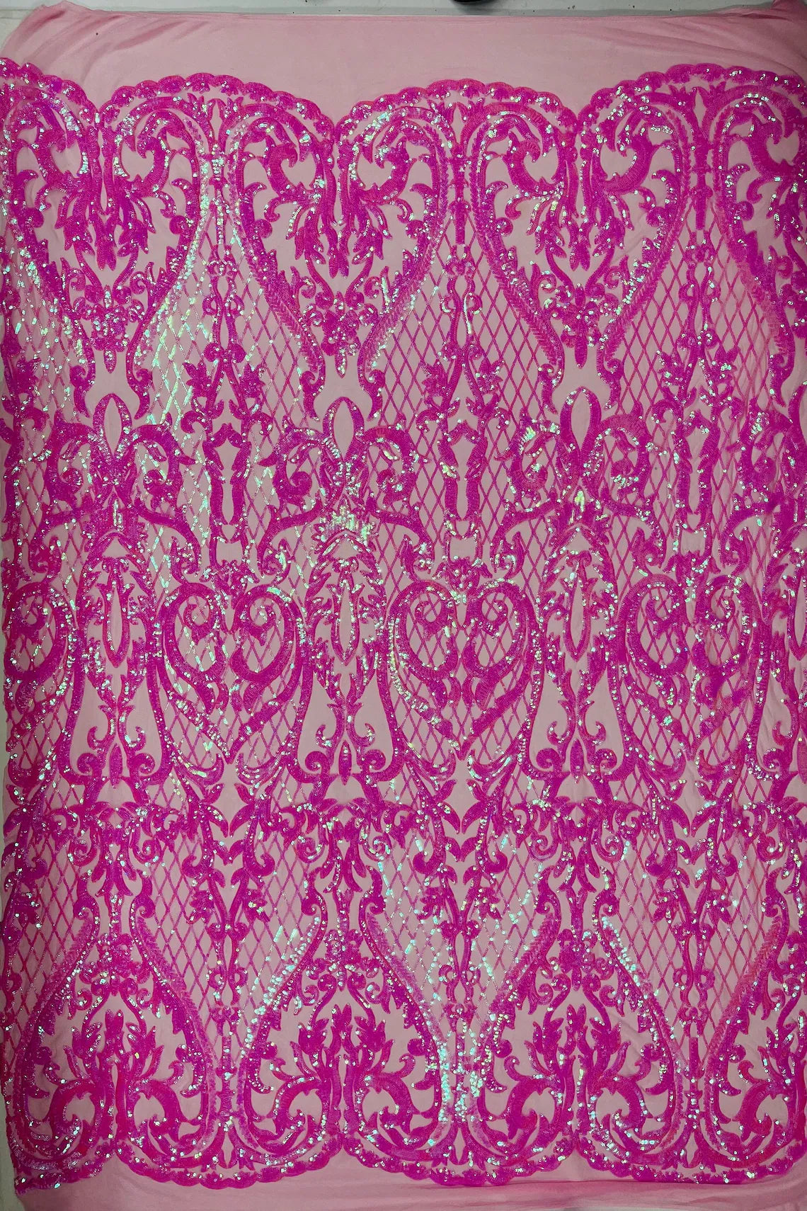 Heart Damask Sequins - Candy Pink - 4 Way Stretch Sequins Fabric By Yard