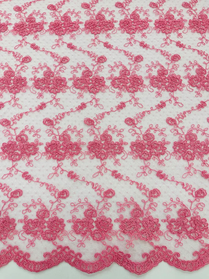 Embroidered Flower Fabric - Candy Pink - Floral Design Scalloped Border Fabric By Yard