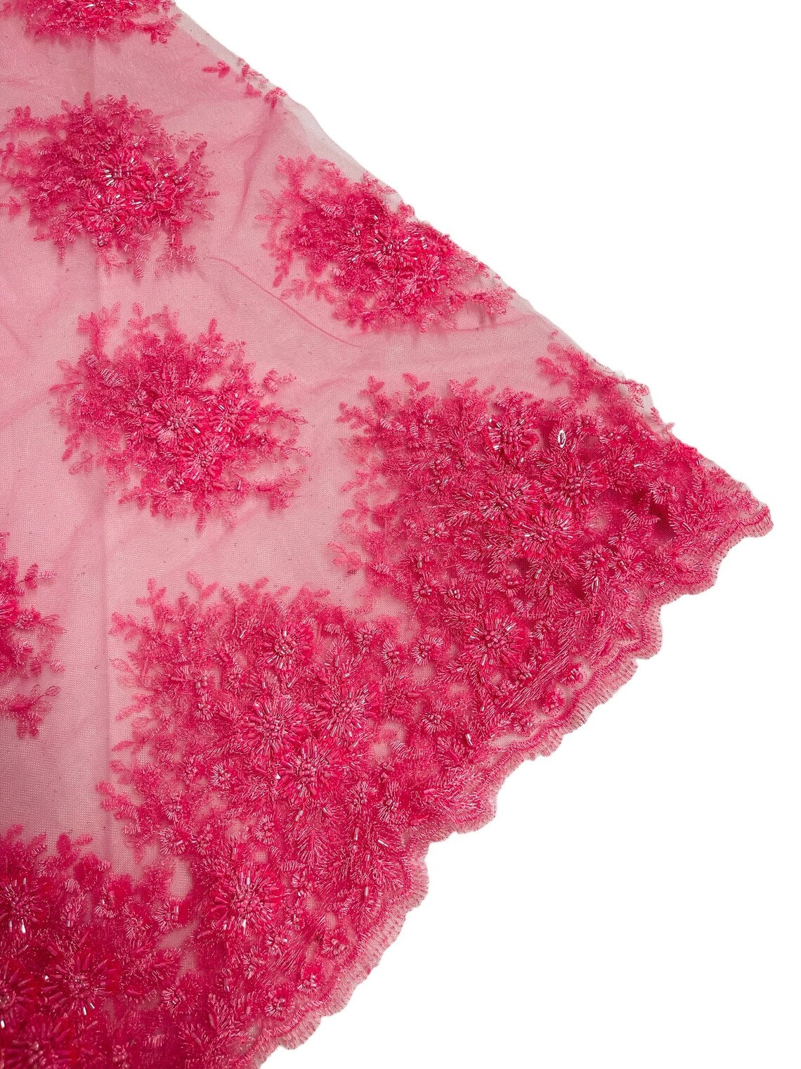 Beaded Flower Cluster Fabric - Candy Pink - Beaded Floral Gaviota Design Embroidered On Mesh Sold By Yard