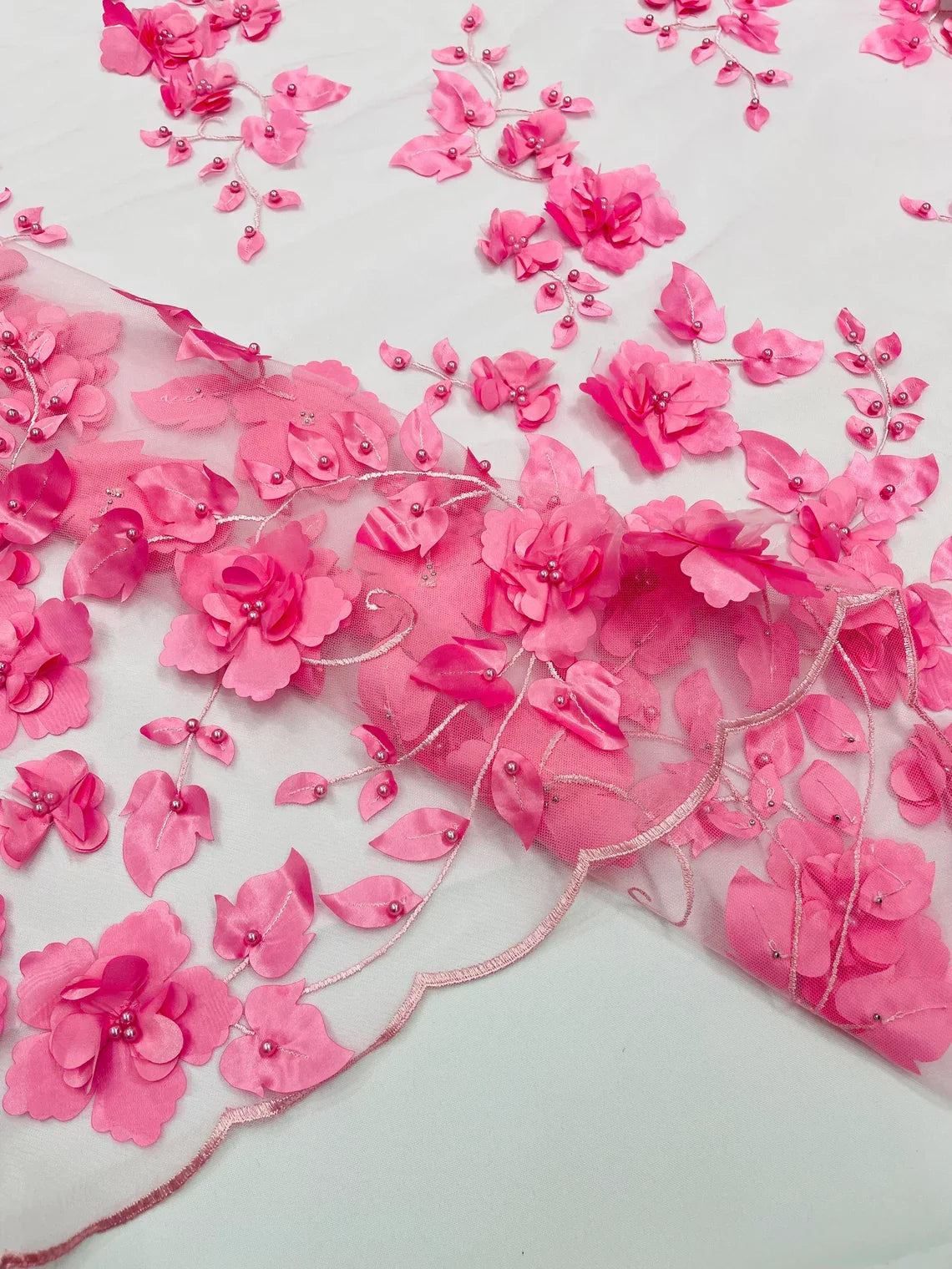 3D Floral Pearl Fabric - Candy Pink - Embroidered Floral Pearl Fabric Double Border On Mesh By Yard