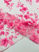 3D Floral Pearl Fabric - Candy Pink - Embroidered Floral Pearl Fabric Double Border On Mesh By Yard