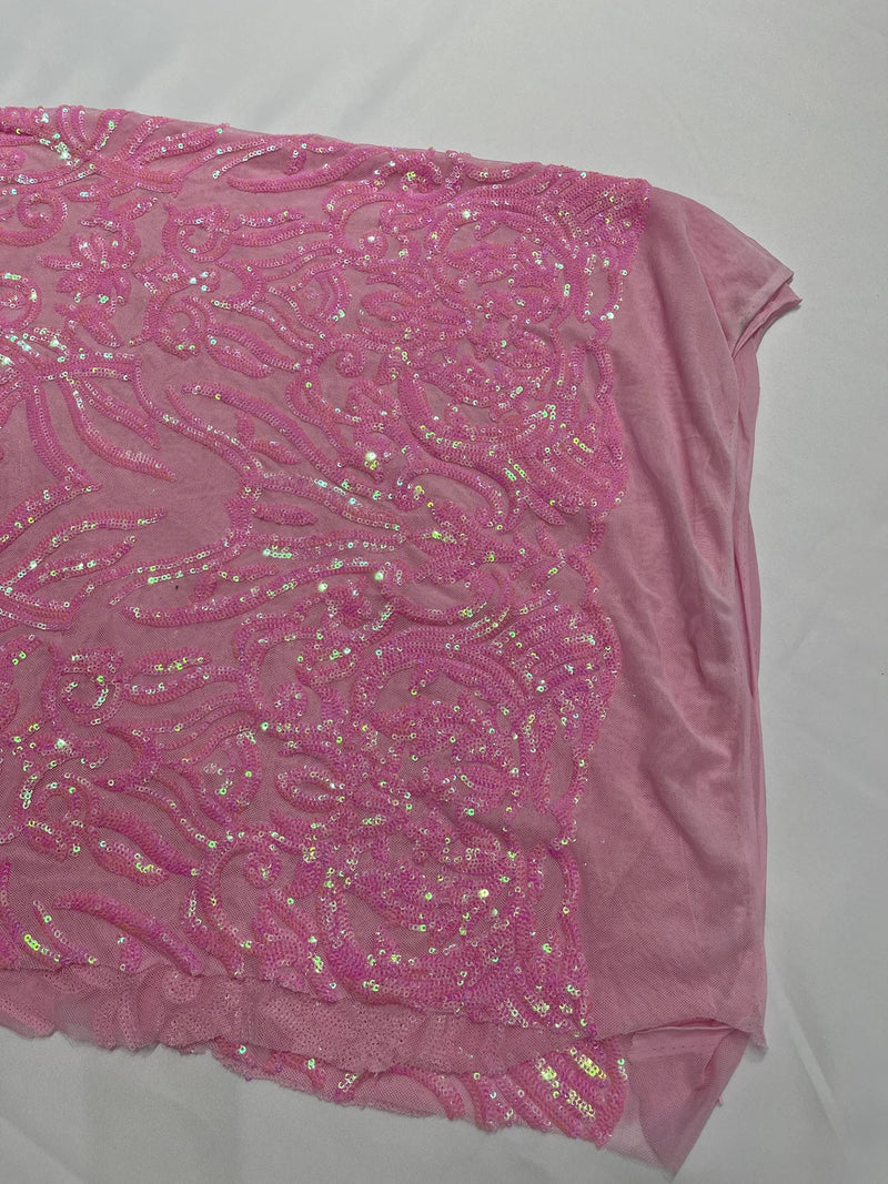 4 Way Stretch Fabric - Candy Pink - Sequins Design on Spandex Mesh Fashion Fabric