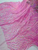 Curvy Line Design Fabric - Candy Pink - 4 Way Stretch Sequins Design Mesh Lace Fabric by Yard