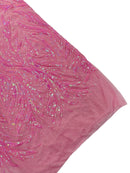 Leaf Design Stretch Sequins - Candy Pink - 4 Way Stretch Lace Mesh Sequins Fabric by Yard