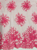 Beaded Flower Cluster Fabric - Candy Pink - Beaded Floral Gaviota Design Embroidered On Mesh Sold By Yard