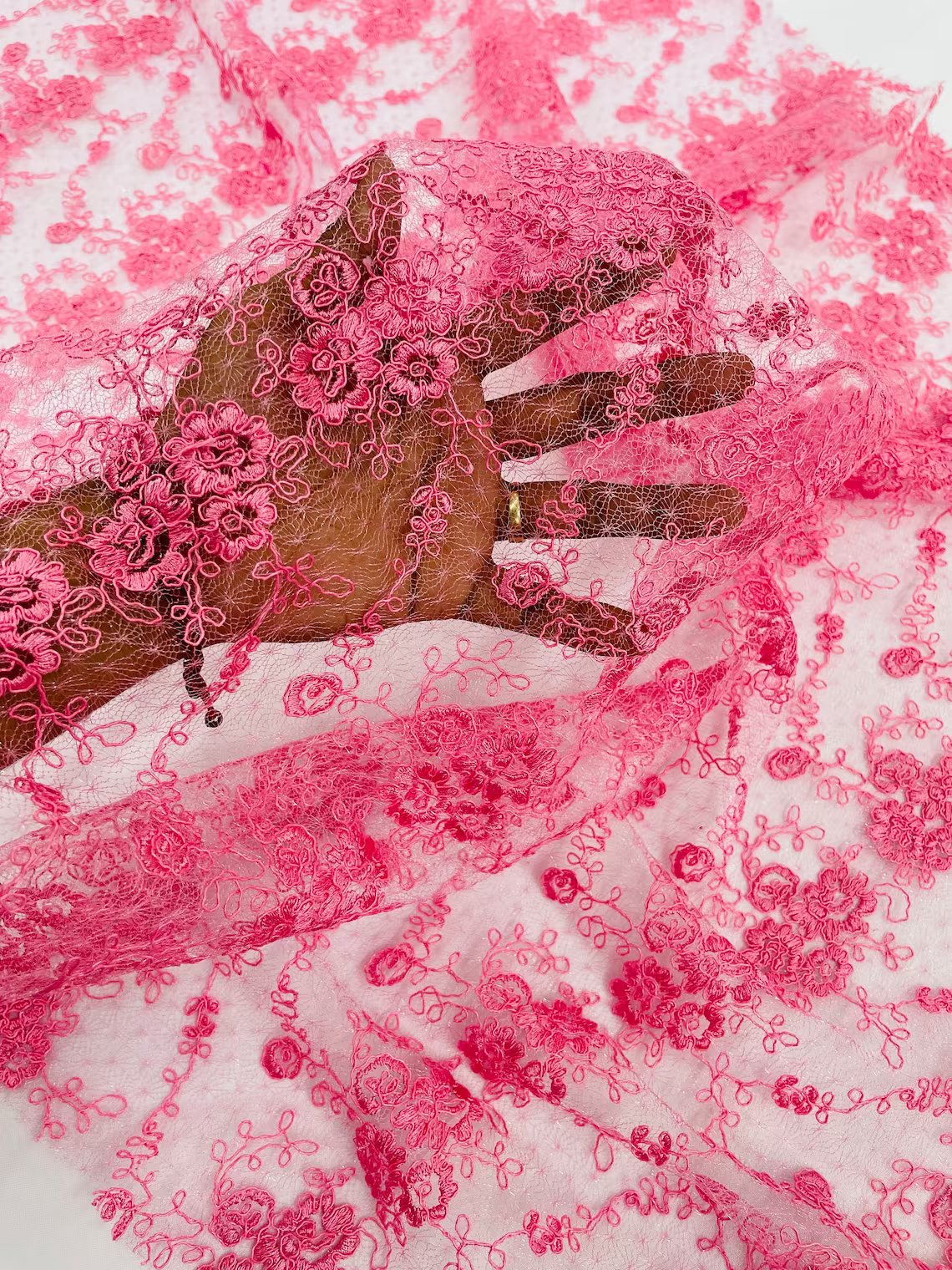 Embroidered Flower Fabric - Candy Pink - Floral Design Scalloped Border Fabric By Yard
