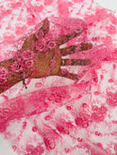 Embroidered Flower Fabric - Candy Pink - Floral Design Scalloped Border Fabric By Yard