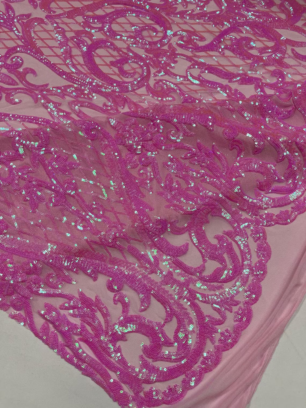 Heart Damask Sequins - Candy Pink - 4 Way Stretch Sequins Fabric By Yard