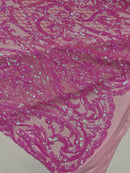 Heart Damask Sequins - Candy Pink - 4 Way Stretch Sequins Fabric By Yard