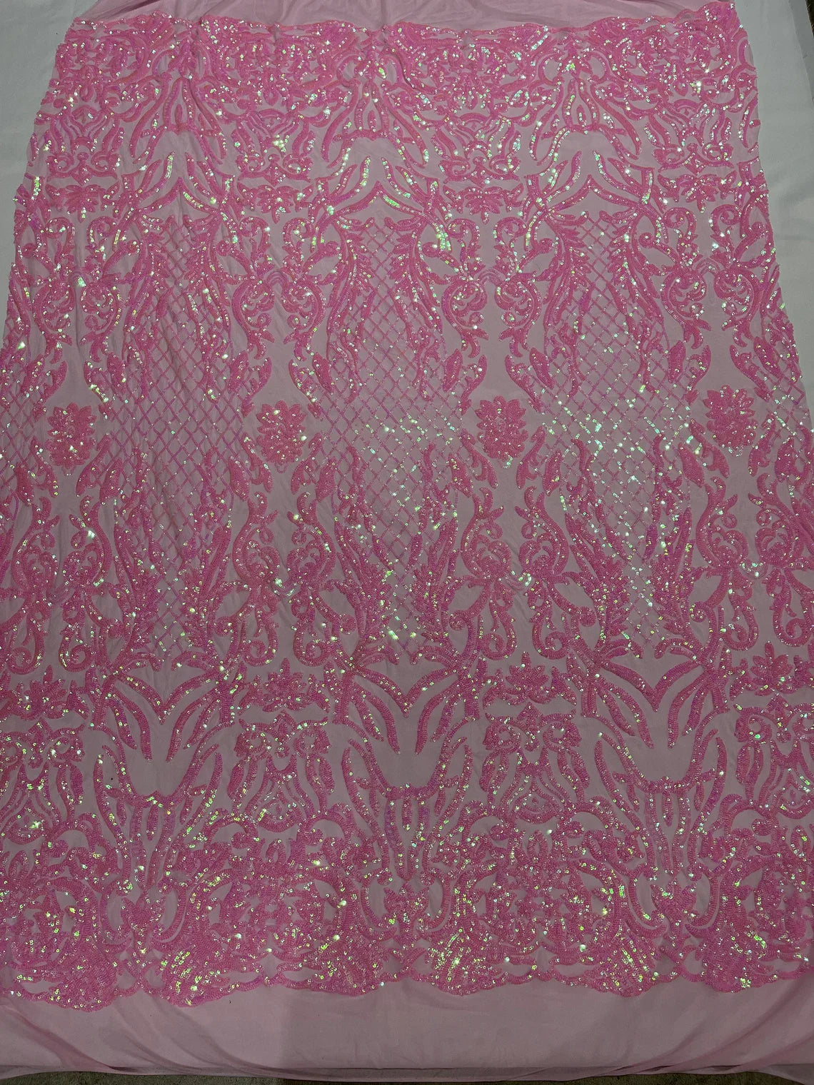 4 Way Stretch Fabric - Candy Pink - Sequins Design on Spandex Mesh Fashion Fabric