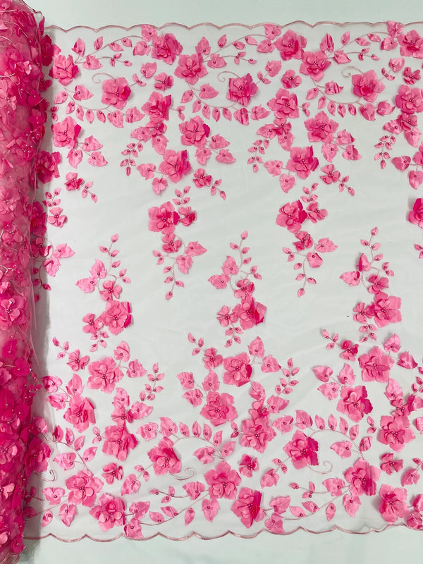 3D Floral Pearl Fabric - Candy Pink - Embroidered Floral Pearl Fabric Double Border On Mesh By Yard