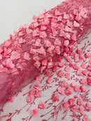 3D Flower Glitter Fabric - Candy Pink - Flower Design on Glitter Mesh Fabric Sold By Yard