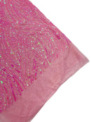 Curvy Line Design Fabric - Candy Pink - 4 Way Stretch Sequins Design Mesh Lace Fabric by Yard
