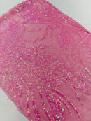 Wavy Leaf Sequins Fabric - Candy Pink - Wavy Lines and Leaves Design on Lace Mesh Fabric by Yard