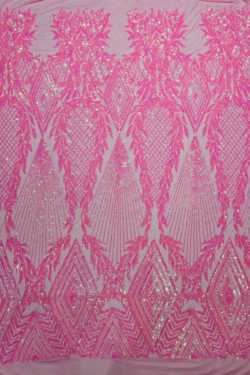 Triangle Sequin Fabric - Candy Pink - Geometric Designs Spandex Mesh By Yard