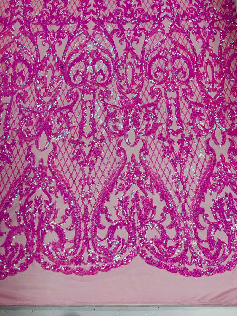 Heart Damask Sequins - Candy Pink - 4 Way Stretch Sequins Fabric By Yard