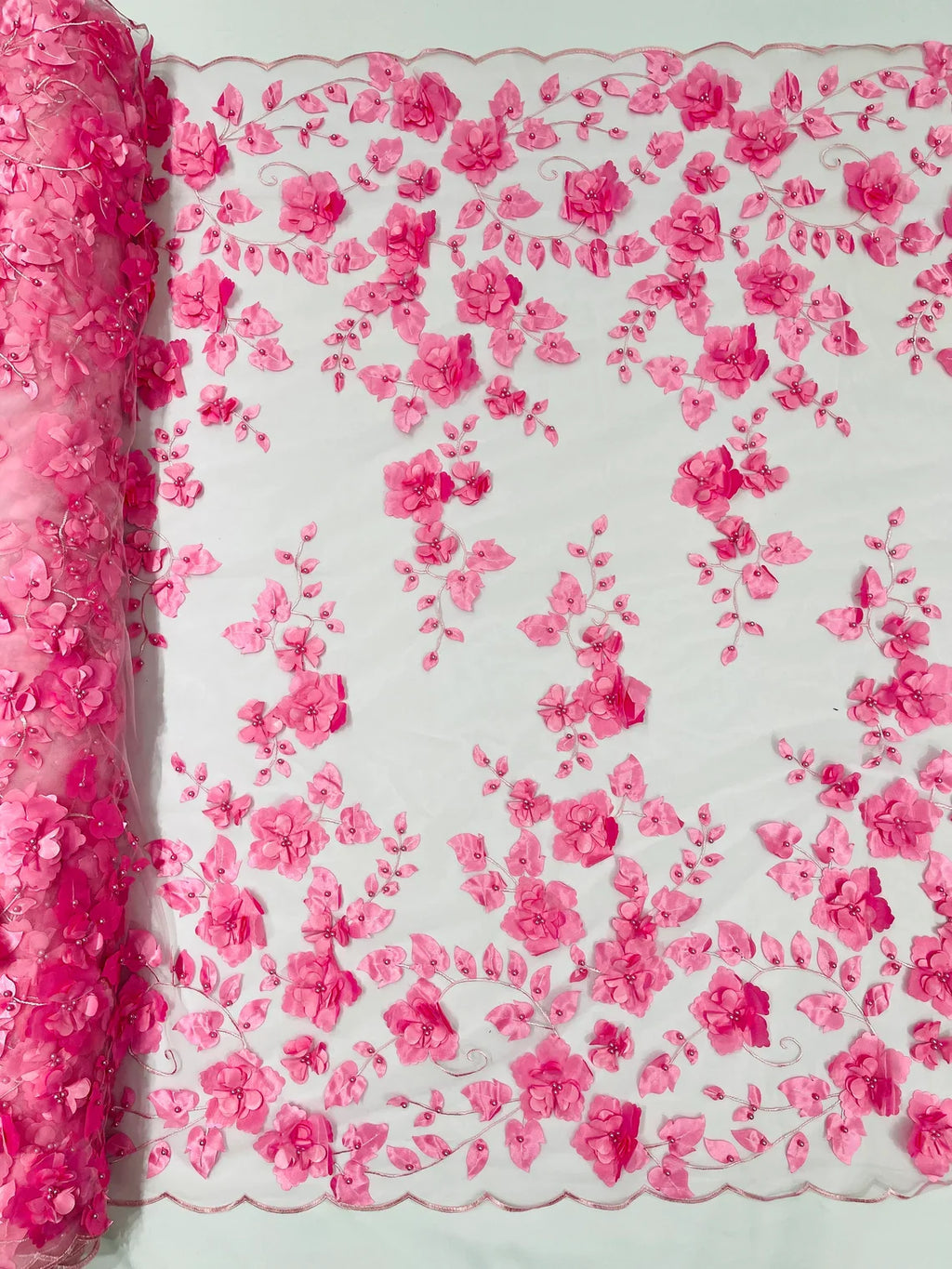 3D Floral Pearl Fabric - Candy Pink - Embroidered Floral Pearl Fabric Double Border On Mesh By Yard