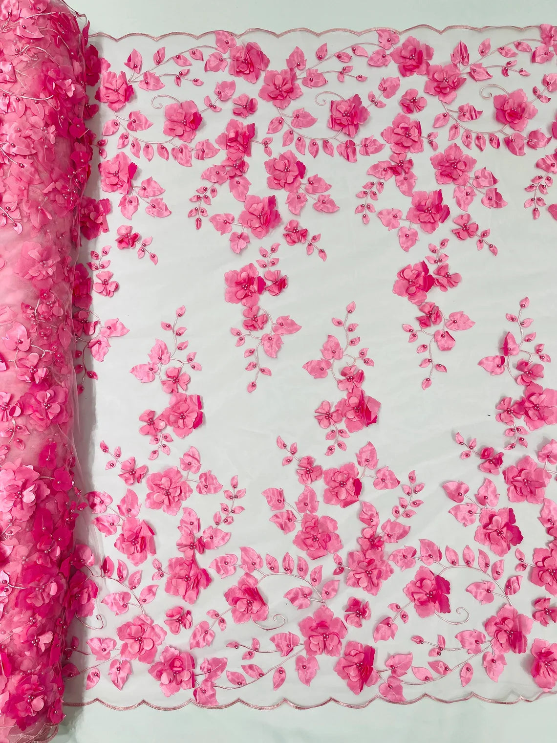 3D Floral Pearl Fabric - Candy Pink - Embroidered Floral Pearl Fabric Double Border On Mesh By Yard