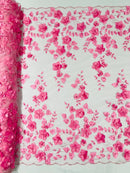 3D Floral Pearl Fabric - Candy Pink - Embroidered Floral Pearl Fabric Double Border On Mesh By Yard