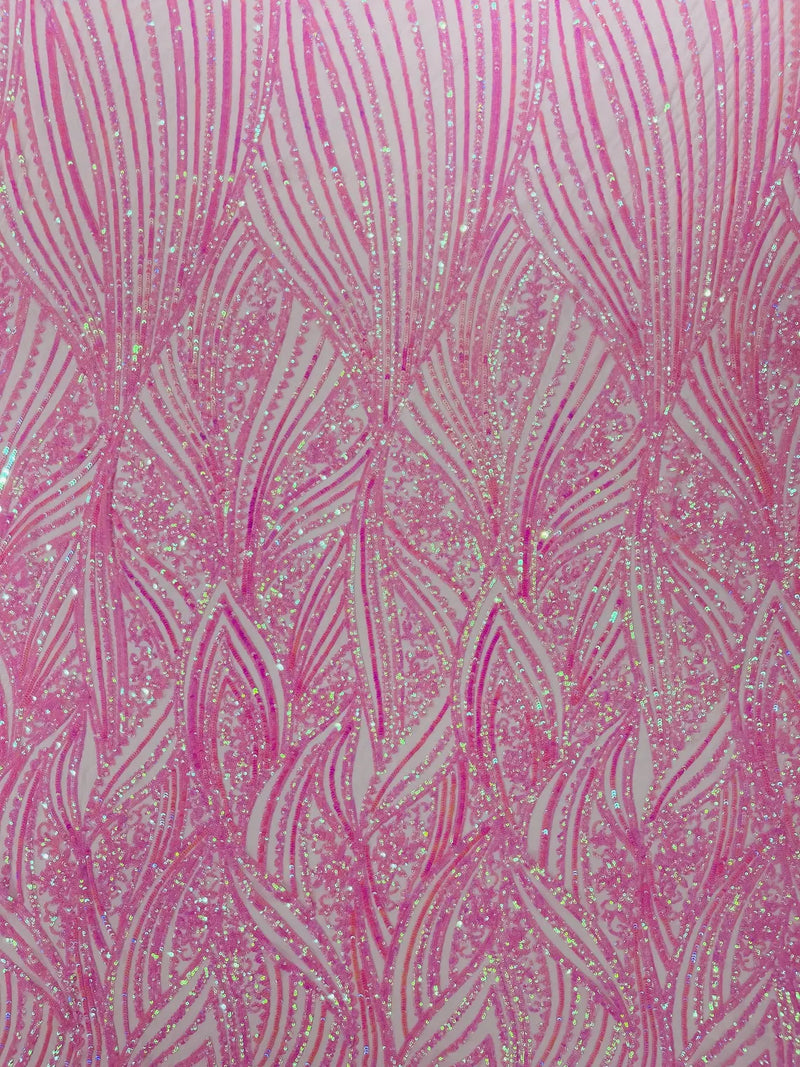 Curvy Line Design Fabric - Candy Pink - 4 Way Stretch Sequins Design Mesh Lace Fabric by Yard