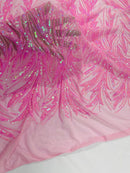 Leaf Design Stretch Sequins - Candy Pink - 4 Way Stretch Lace Mesh Sequins Fabric by Yard