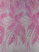 Wavy Leaf Sequins Fabric - Candy Pink - Wavy Lines and Leaves Design on Lace Mesh Fabric by Yard