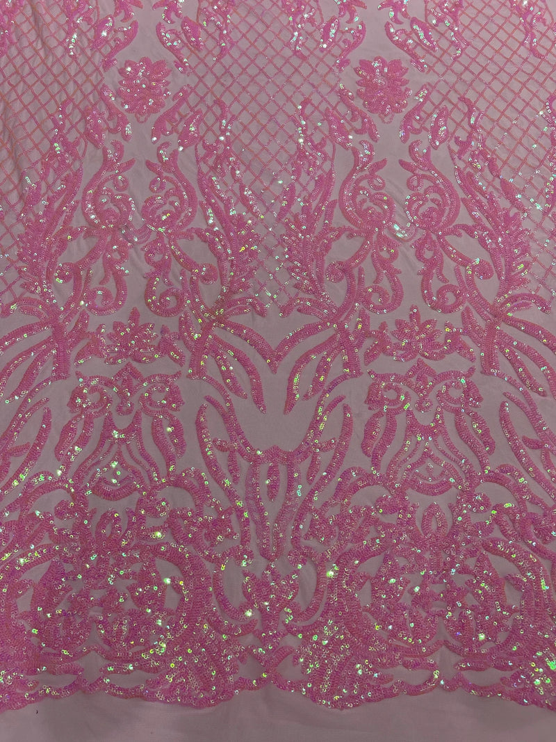 4 Way Stretch Fabric - Candy Pink - Sequins Design on Spandex Mesh Fashion Fabric