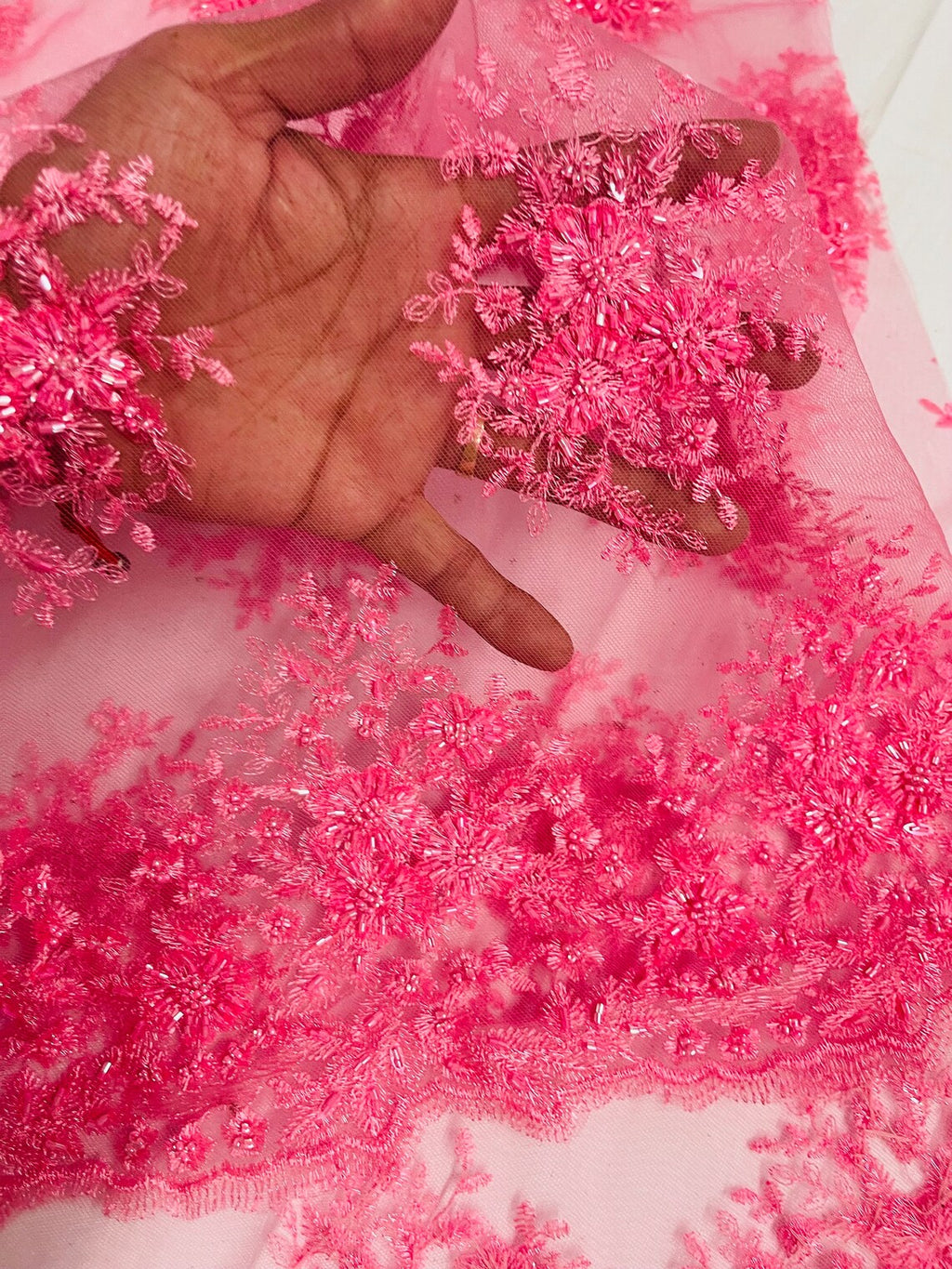 Beaded Flower Cluster Fabric - Candy Pink - Beaded Floral Gaviota Design Embroidered On Mesh Sold By Yard